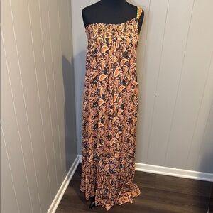 NWT Nekane Maxi Women’s 12 Dress Orange Black Asymmetrical One Shoulder Sundress